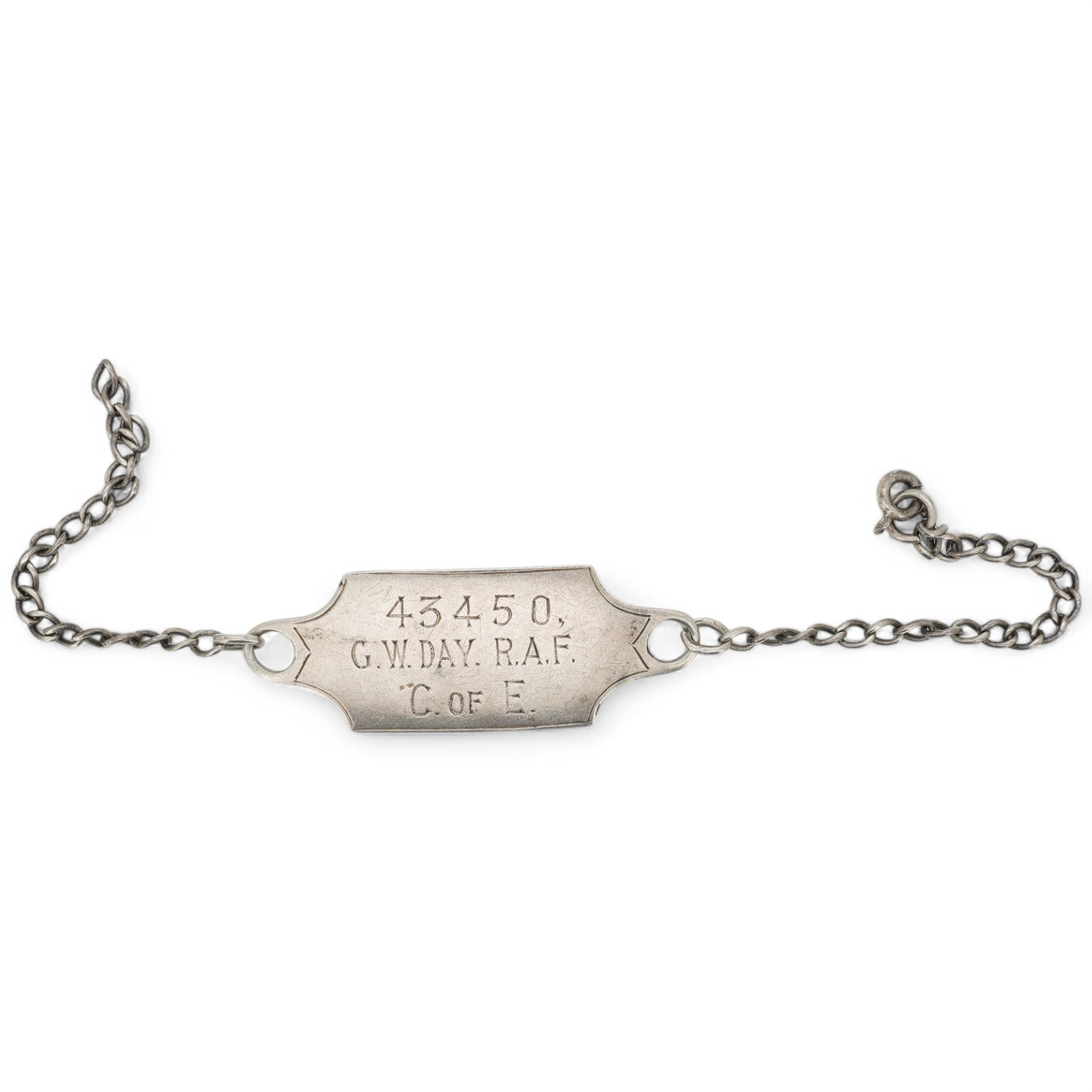 A silver military bracelet stamped sterling, and engraved ‘43450 G.W. Day, RAF C.ofE.’ X prisoner of war at Stalag prison. Condition - fair to good, one link requires rejoining.